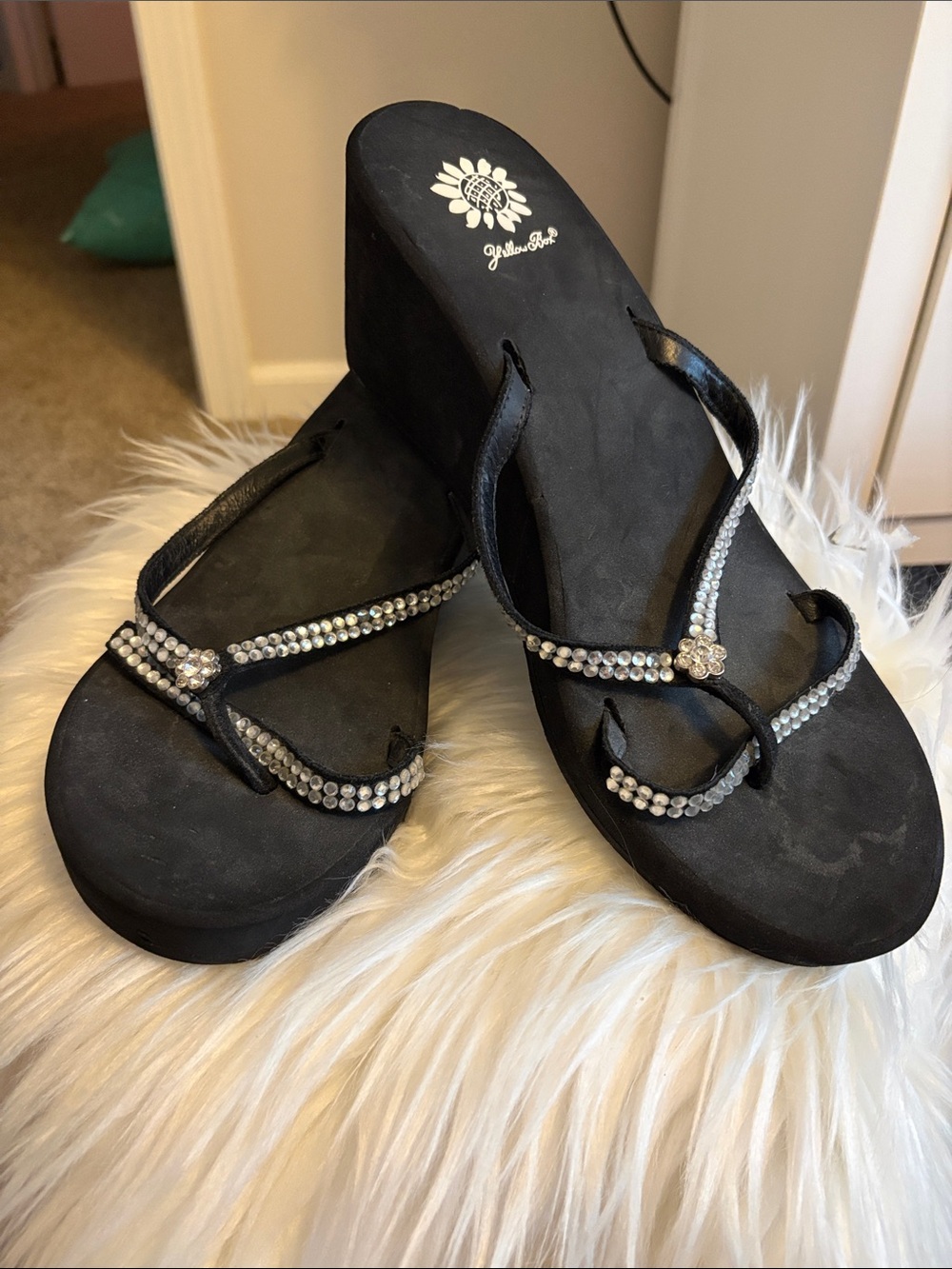 Yellow Box Black Rhinestone Strappy Flip Sandals